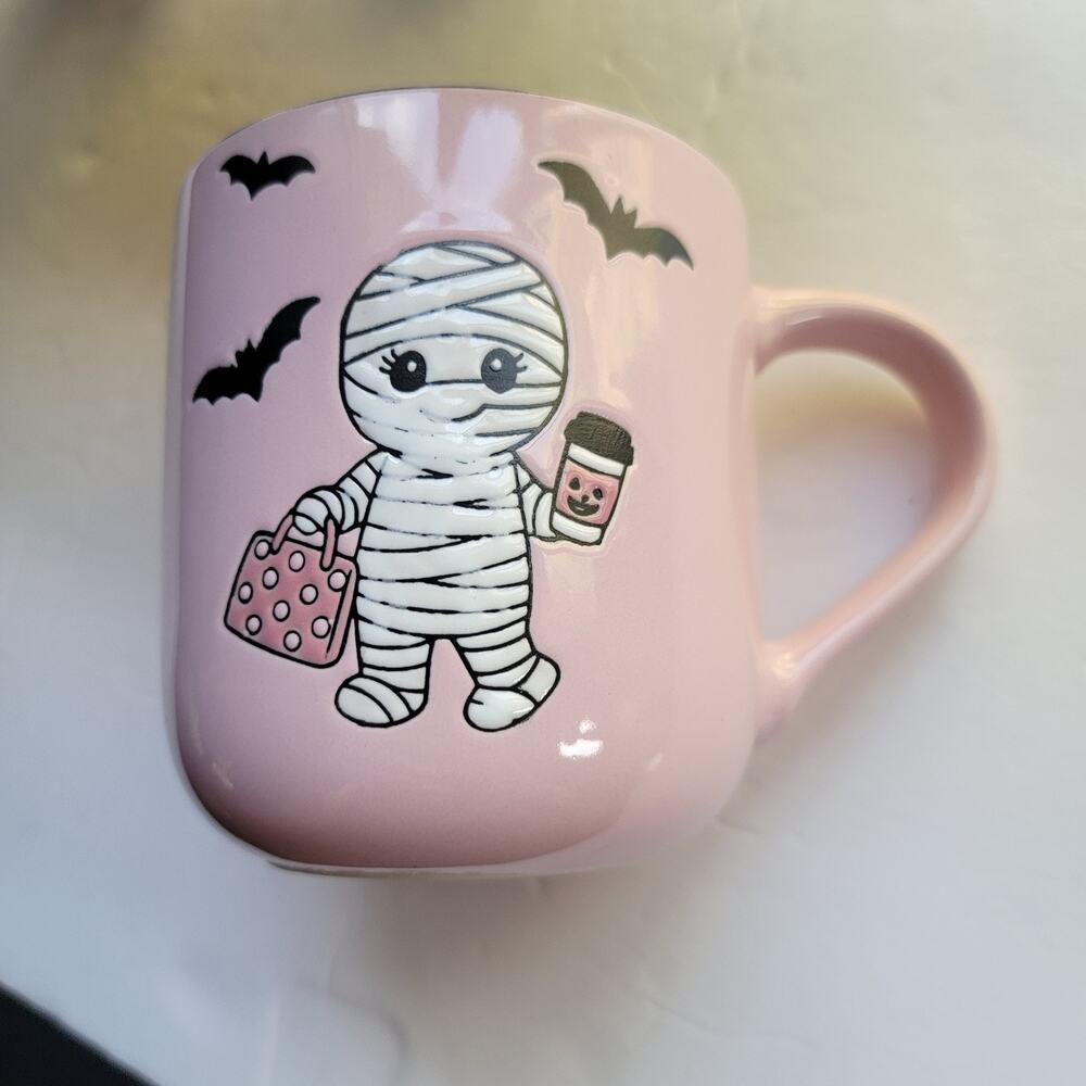 Twilight Trinkets Coffee Mug Pink Stoneware Halloween Mummy & Bats Medium